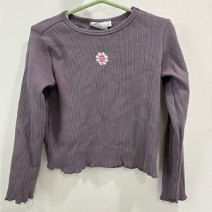Purple Ribbed Long Sleeve Top with Flower Patch